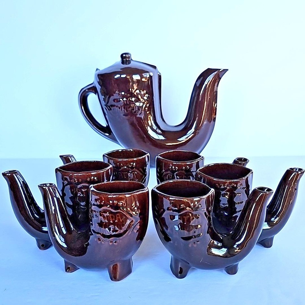 Vintage Bulgarian Ceramic Horn/Pipe Shaped Liquor Set Decanter 6 Cups Novelty